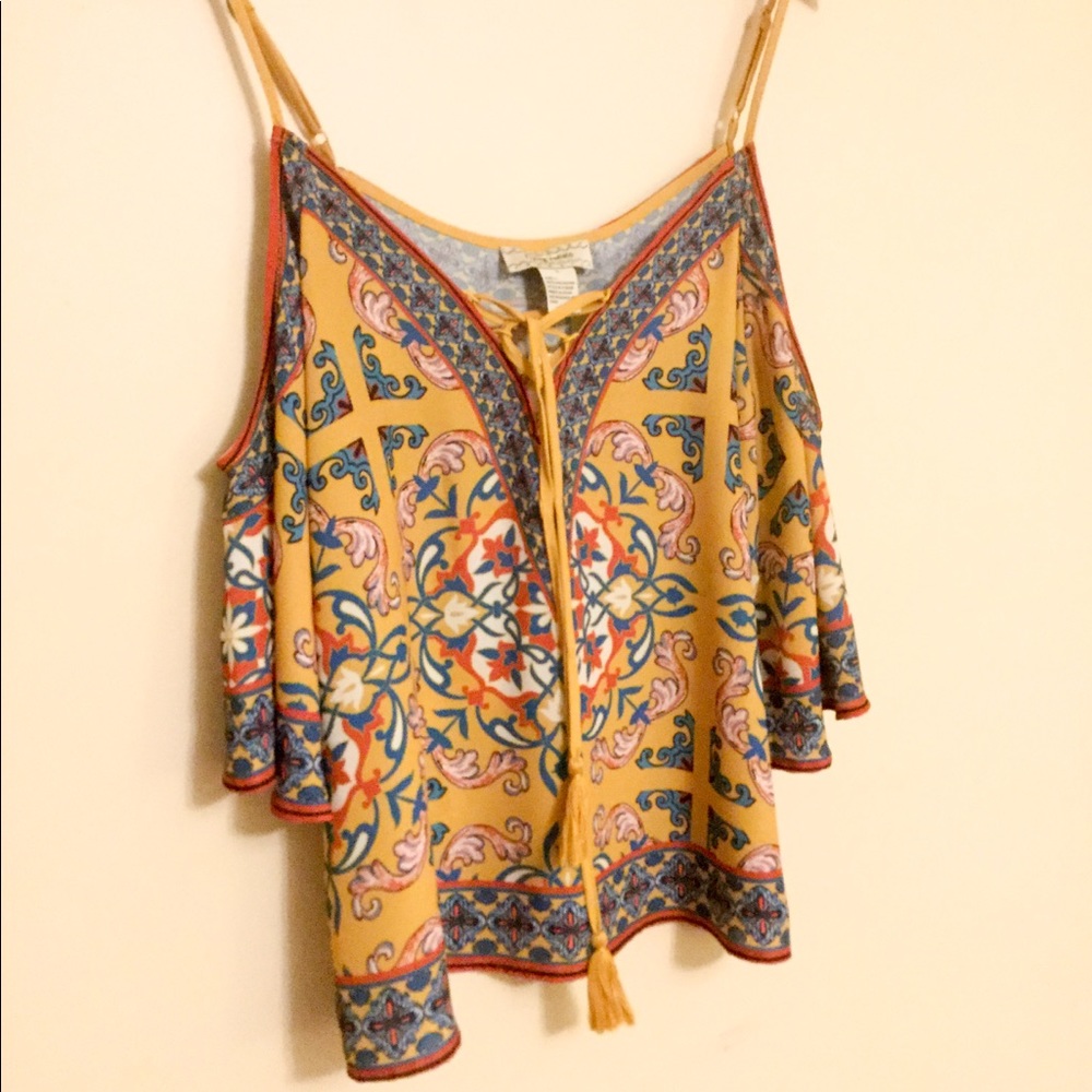 Cold Shoulder Patterned Blouse in Yellow NWOT - Picture 3 of 6